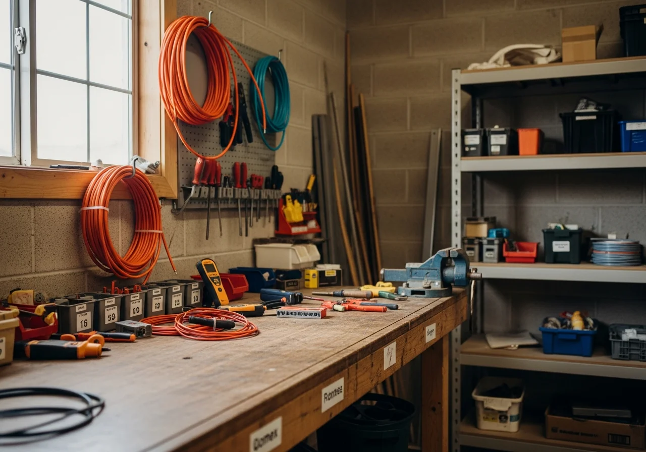 Electrician tools and equipment on a workbench, representing the skilled trades and professional service readiness.