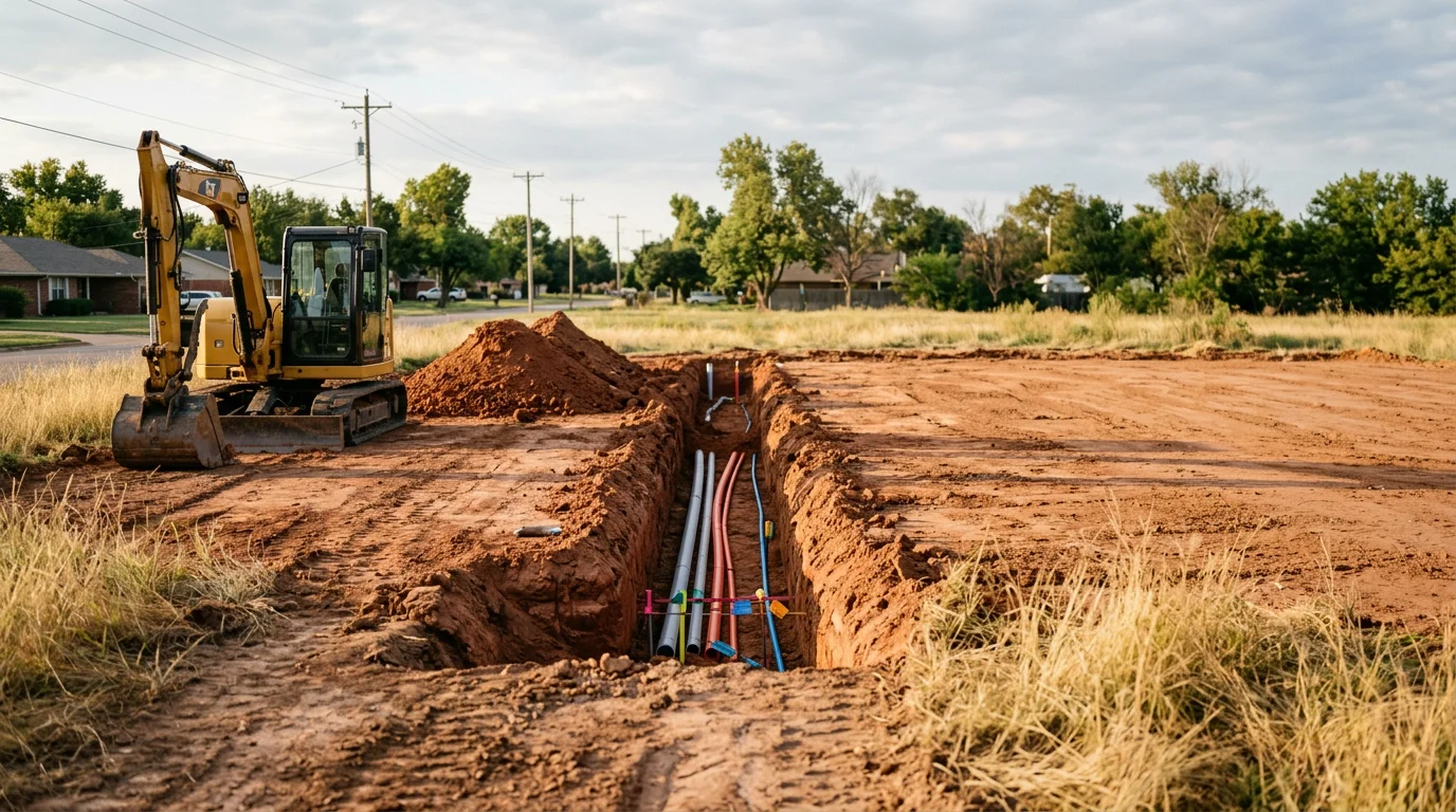 Excavation equipment performing trenching work on a construction site in Oklahoma
