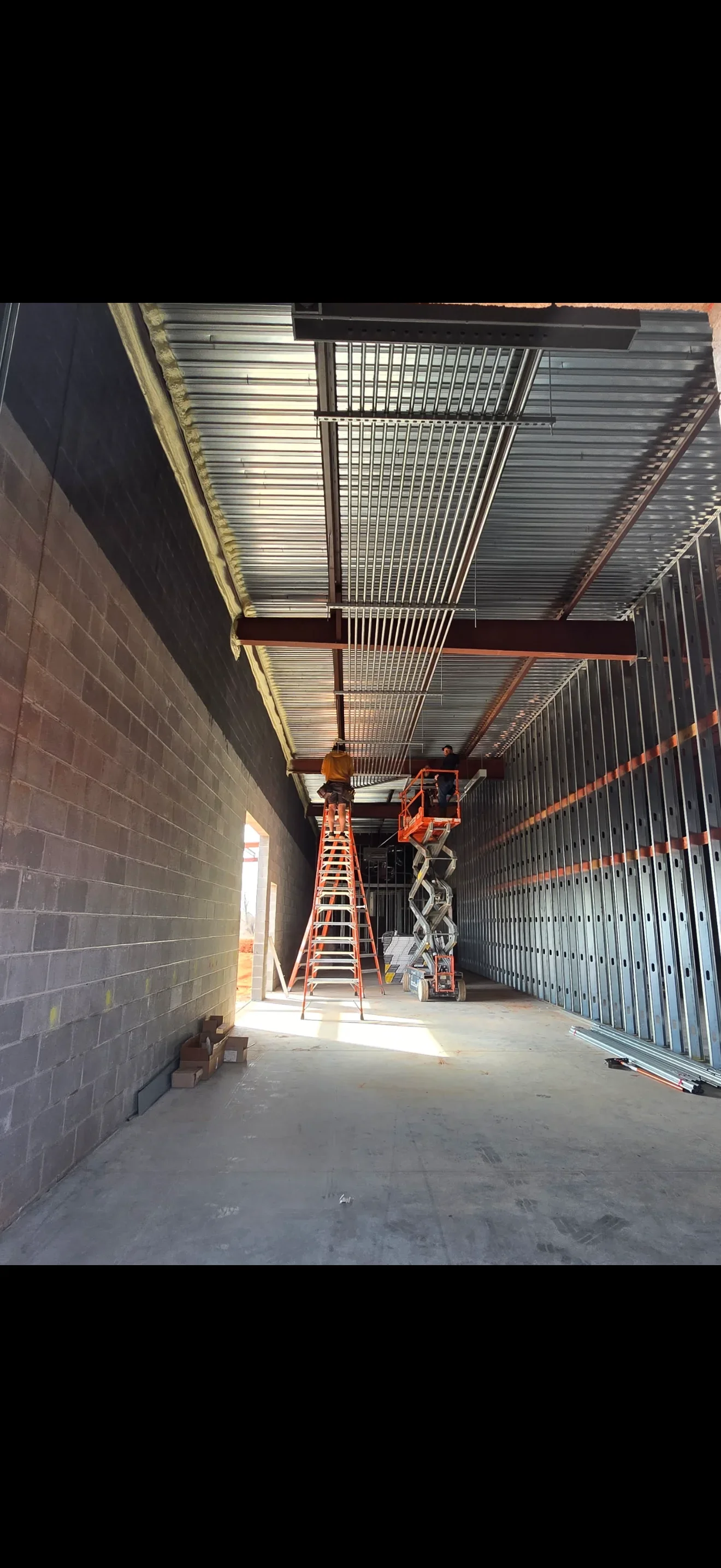 Warehouse ceiling with installed linear light fixtures, metal panels, and steel frame structure