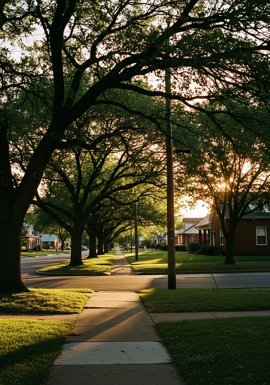 Residential street in Oklahoma City neighborhood with mature trees and varied home styles typical of established areas.