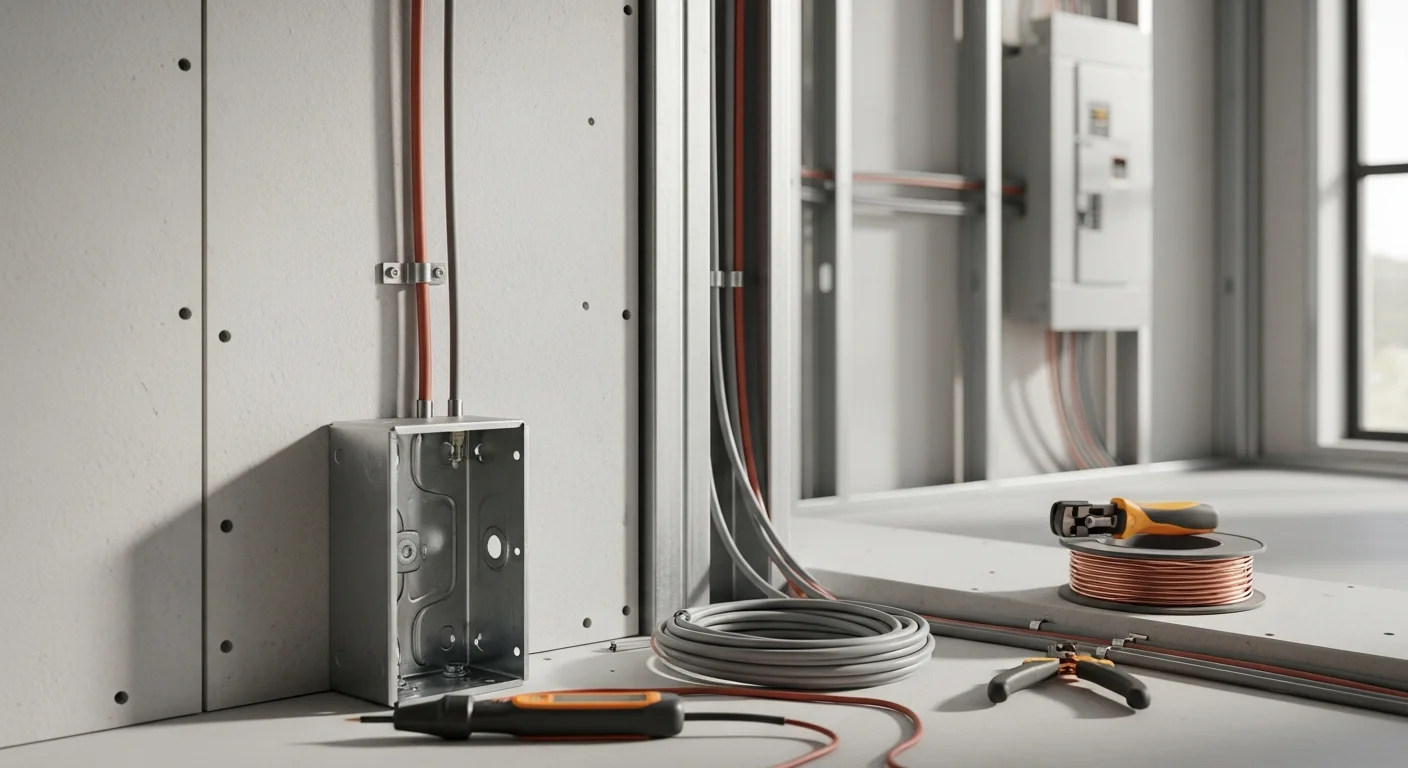 A licensed electrician from 2nd To None Electric and Plumbing installing conduit and commercial wiring inside a framed commercial build-out in Edmond, Oklahoma. Exposed metal conduit runs along the ceiling joists of an unfinished retail or office space with a panel box mounted on the wall.