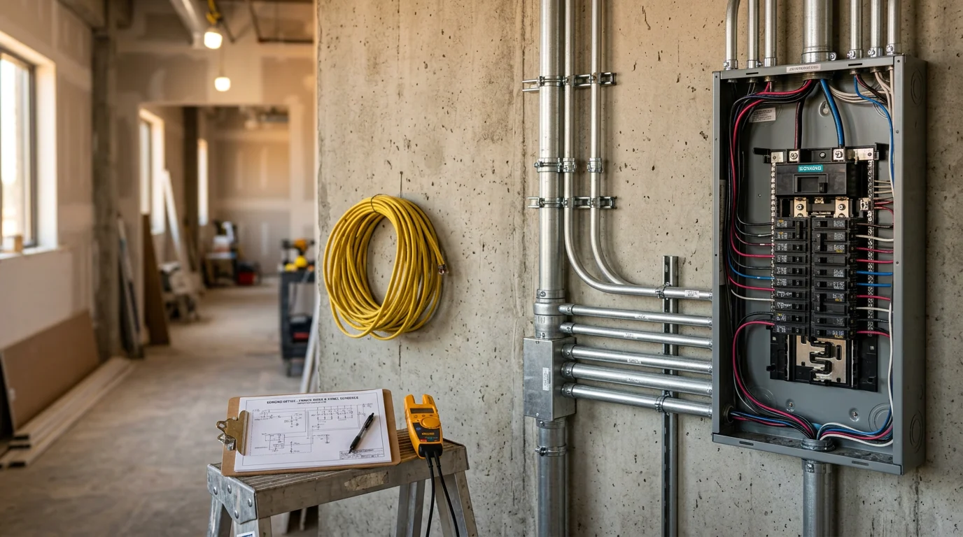 A licensed electrician installing commercial wiring inside metal conduit raceways in a commercial building in Edmond, Oklahoma. The image shows properly routed conduit runs along a commercial ceiling with a panel box in the background.