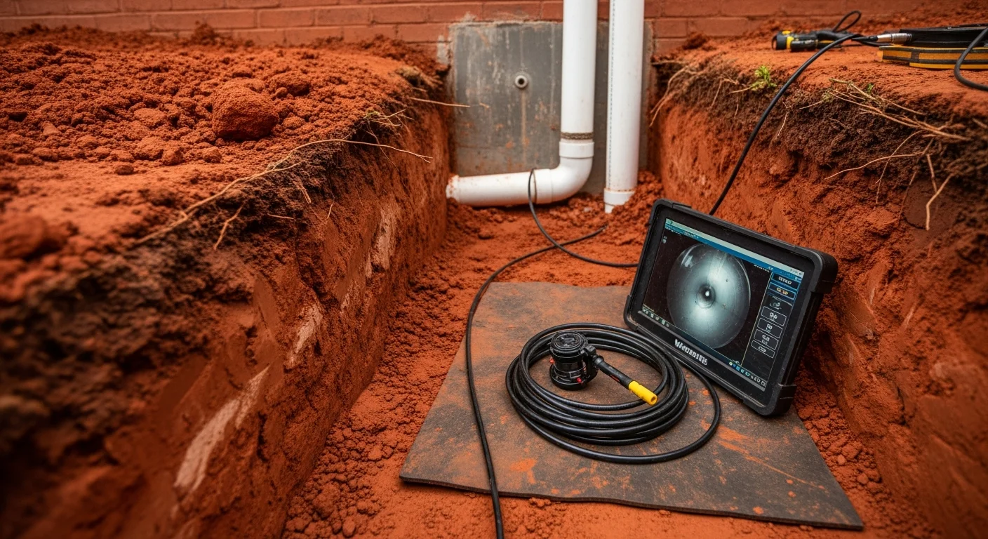 A licensed plumber from 2nd To None Electric and Plumbing inspecting an exposed residential drain line in an Edmond, Oklahoma yard. The image shows clay soil excavation around a cracked pipe section being prepared for repair.