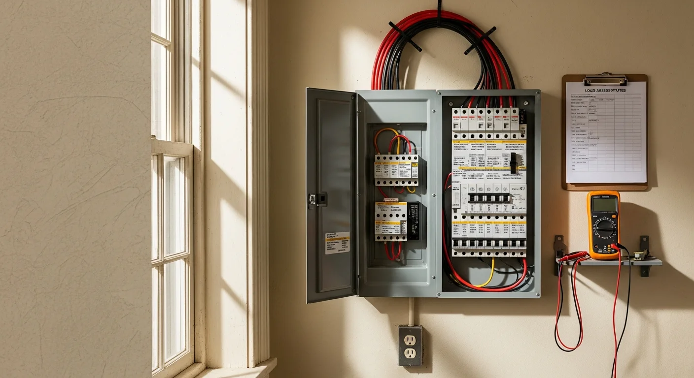 A licensed electrician from 2nd To None Electric and Plumbing inspecting a newly upgraded electrical panel inside an Edmond, Oklahoma home. The panel shows clearly labeled breakers and modern wiring replacing an older, undersized service box.