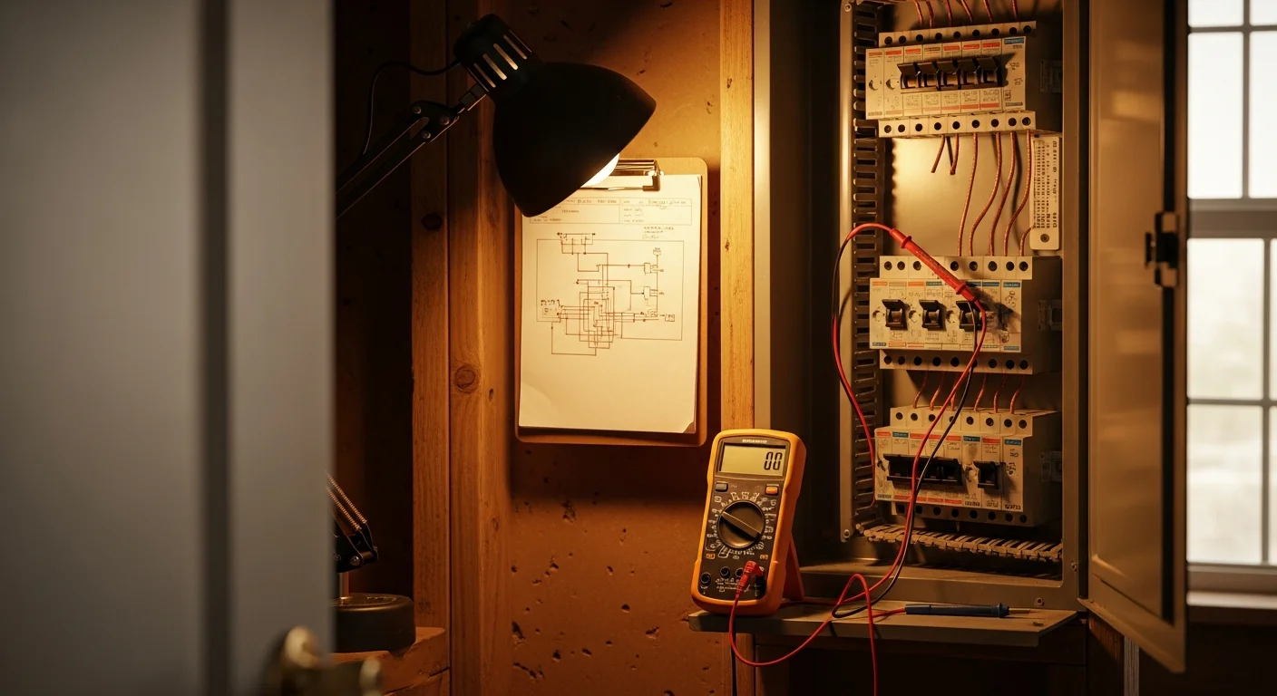 A licensed electrician from 2nd To None Electric and Plumbing inspecting a residential electrical panel inside an Edmond, Oklahoma home. The technician uses a diagnostic tool to test circuit breakers during an electrical troubleshooting visit.