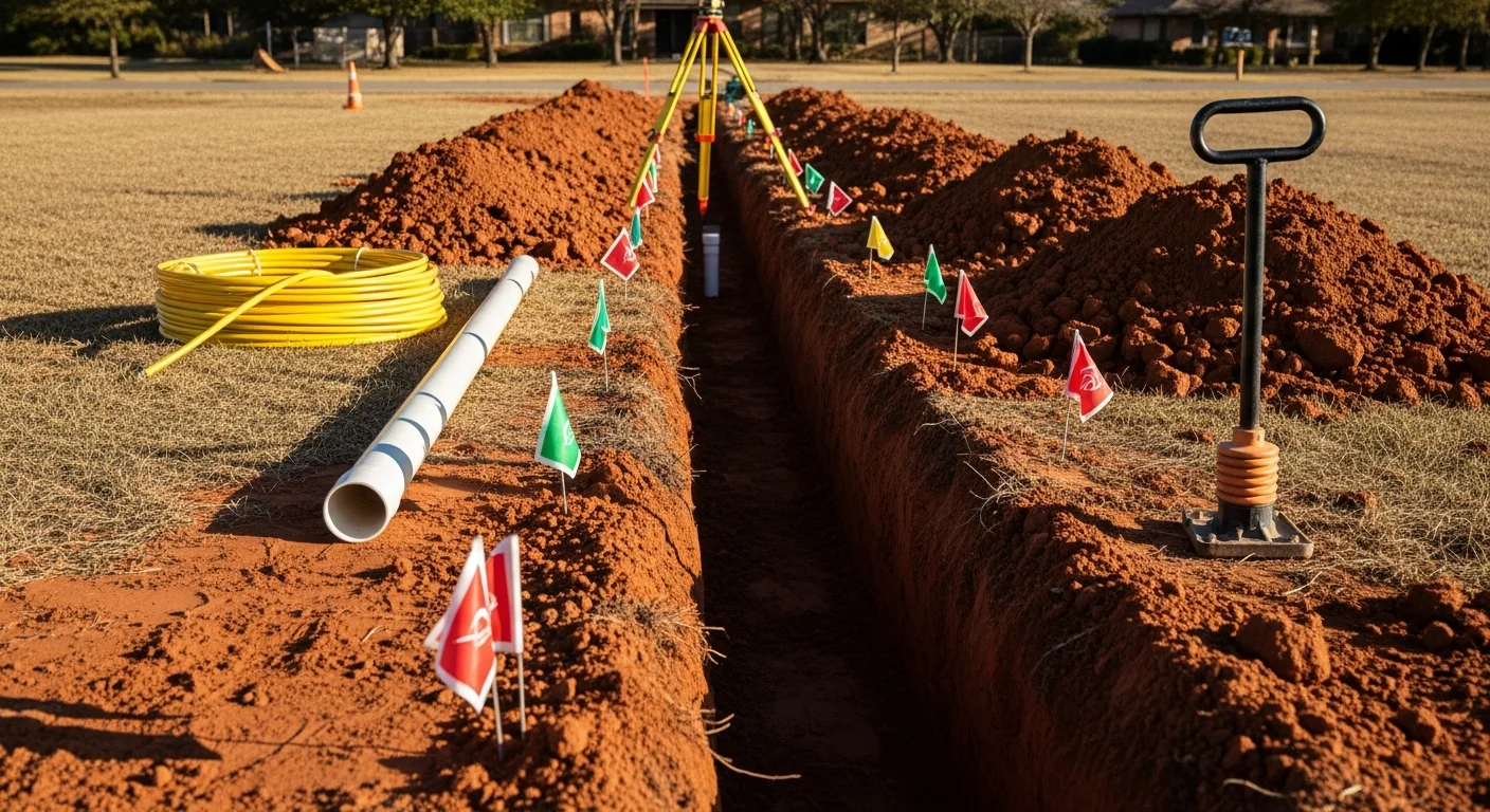 An open utility trench dug through red clay soil at a residential property in Edmond, Oklahoma, with a buried conduit line visible at the base of the trench before backfilling. A compact excavator is parked alongside the trench on a cleared job site.