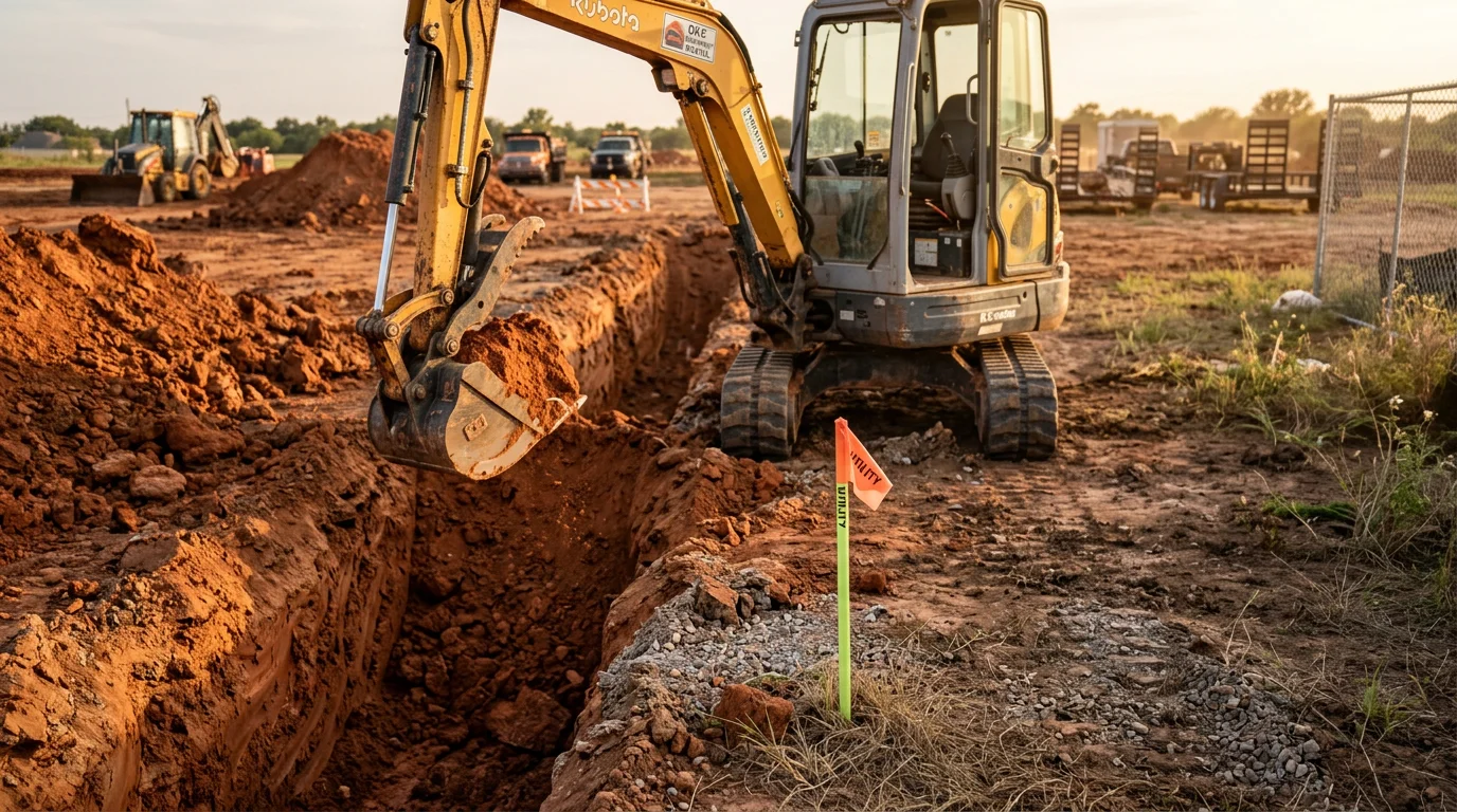An excavator opening a trench on a residential property in Edmond, Oklahoma, with red clay soil visible along the trench walls. The surrounding lot shows a cleared work area prepared for underground utility or foundation work.