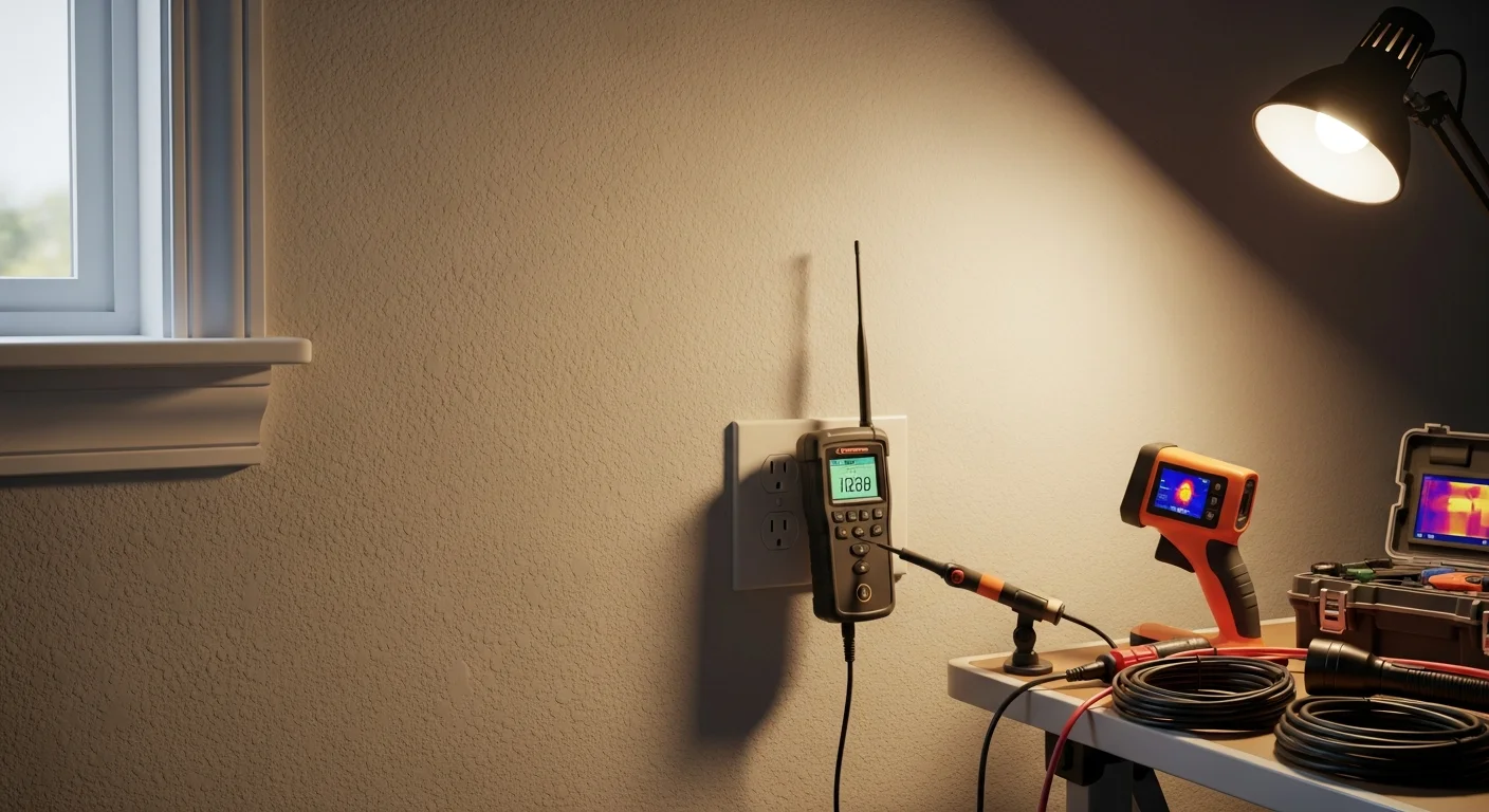 A licensed electrician from 2nd To None Electric and Plumbing uses a circuit tracer tool along an interior wall in an Edmond, Oklahoma home. The image shows the detection process in a finished room with drywall intact and no visible damage to the wall surface.