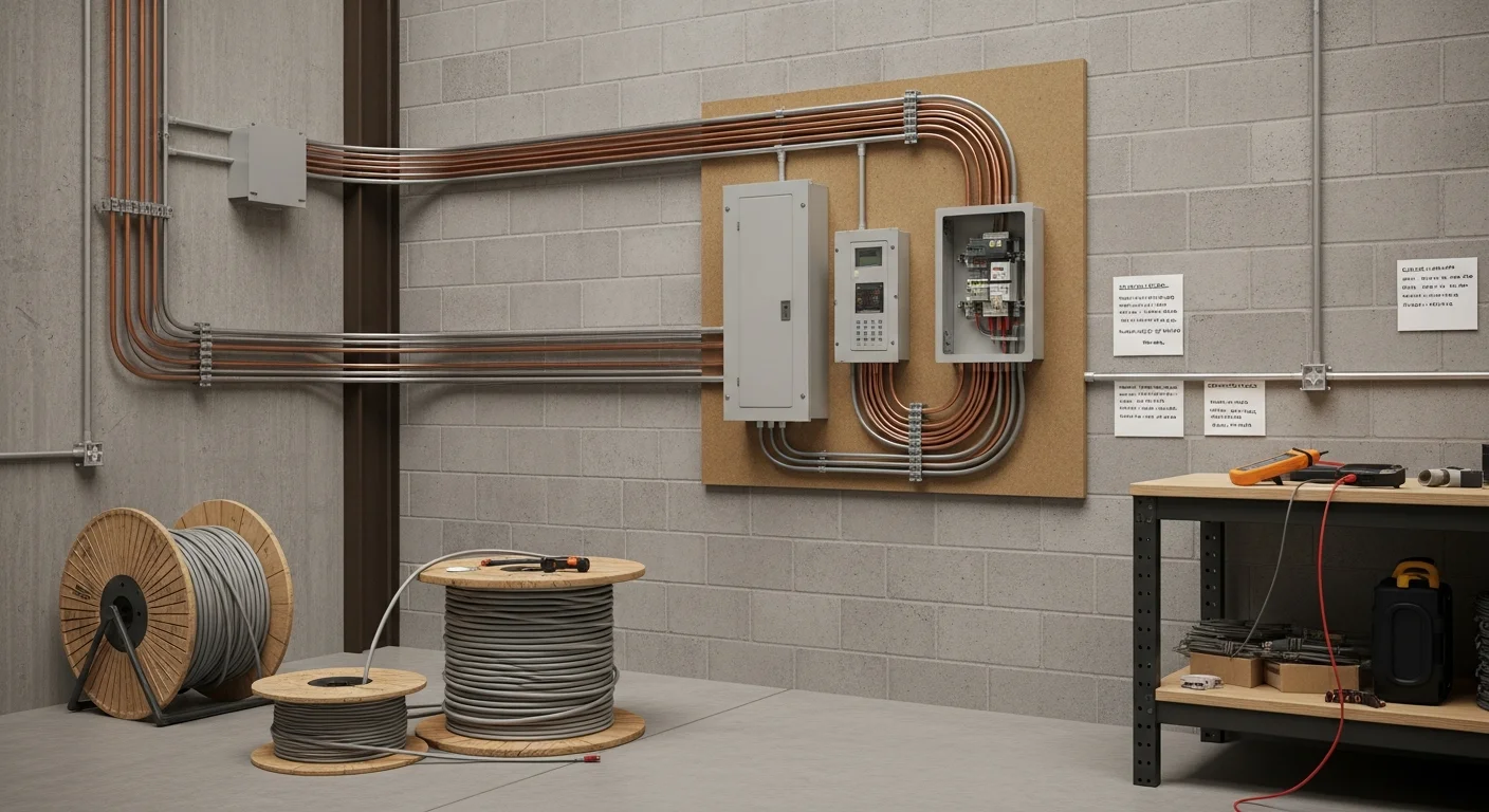 A licensed electrician from 2nd To None Electric and Plumbing wiring an industrial panel inside a commercial facility in Edmond, Oklahoma. Copper conductors are routed through metal conduit along the wall of a warehouse electrical room.