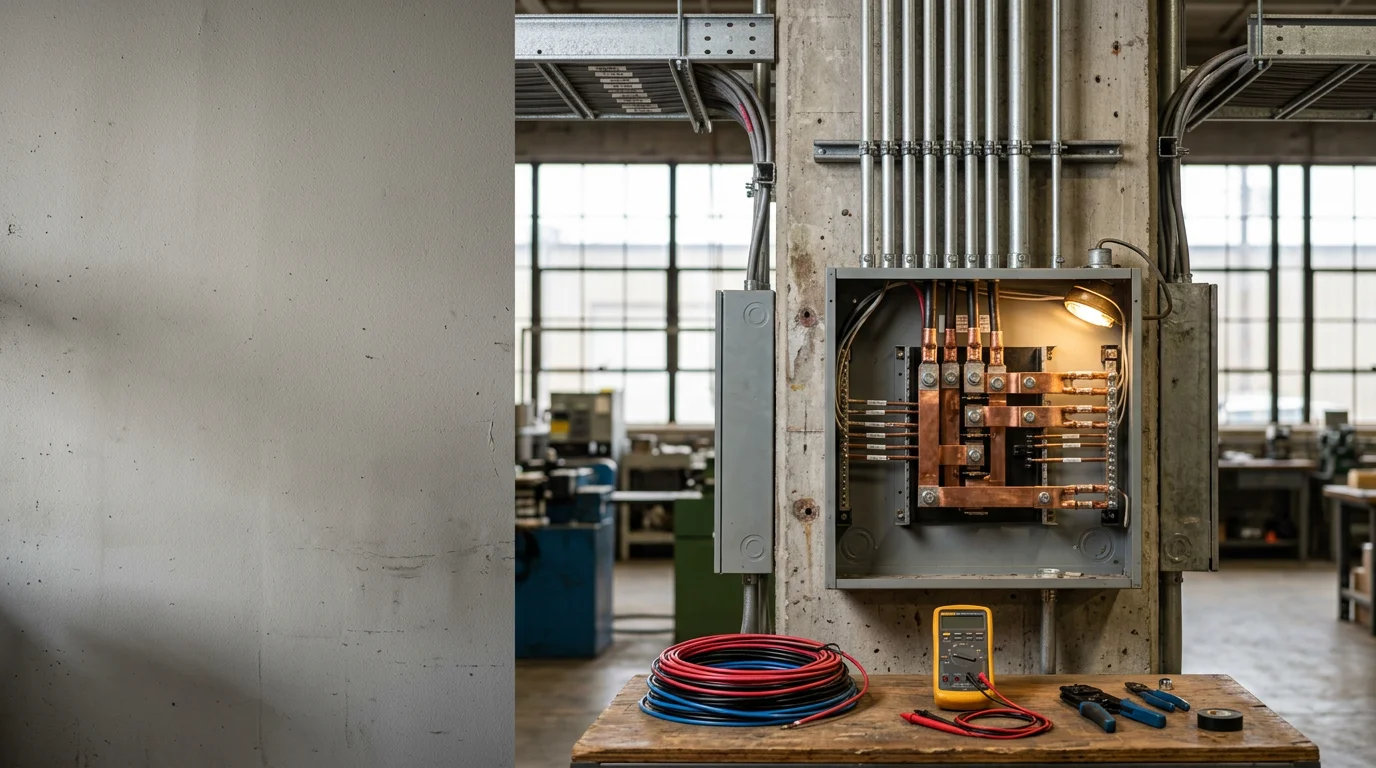 An electrician installing heavy-gauge conduit and wiring inside an industrial facility in Edmond, Oklahoma. The image shows a large electrical panel and organized cable runs typical of high-load manufacturing or warehouse environments.
