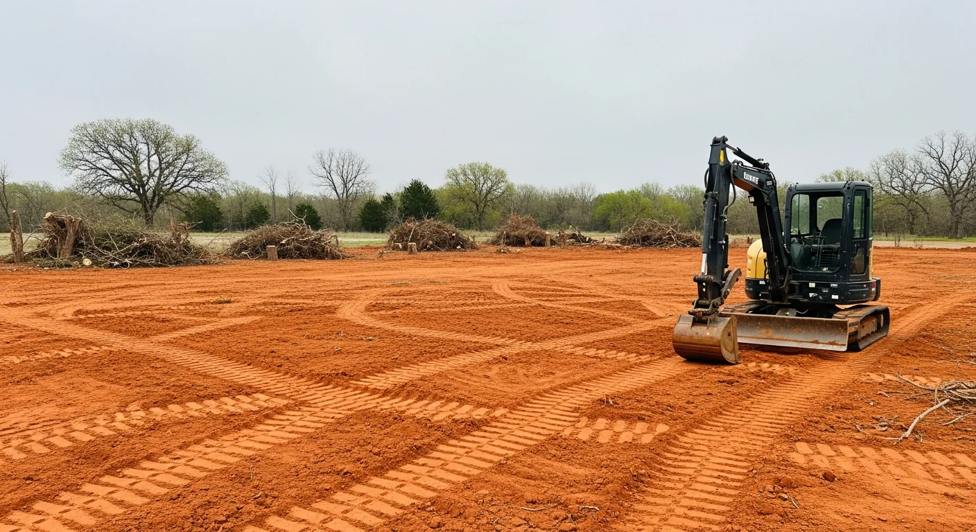 A cleared residential lot in Edmond, Oklahoma with stumps and brush removed and the red clay soil graded flat. Heavy equipment tracks are visible across the leveled surface, ready for construction.