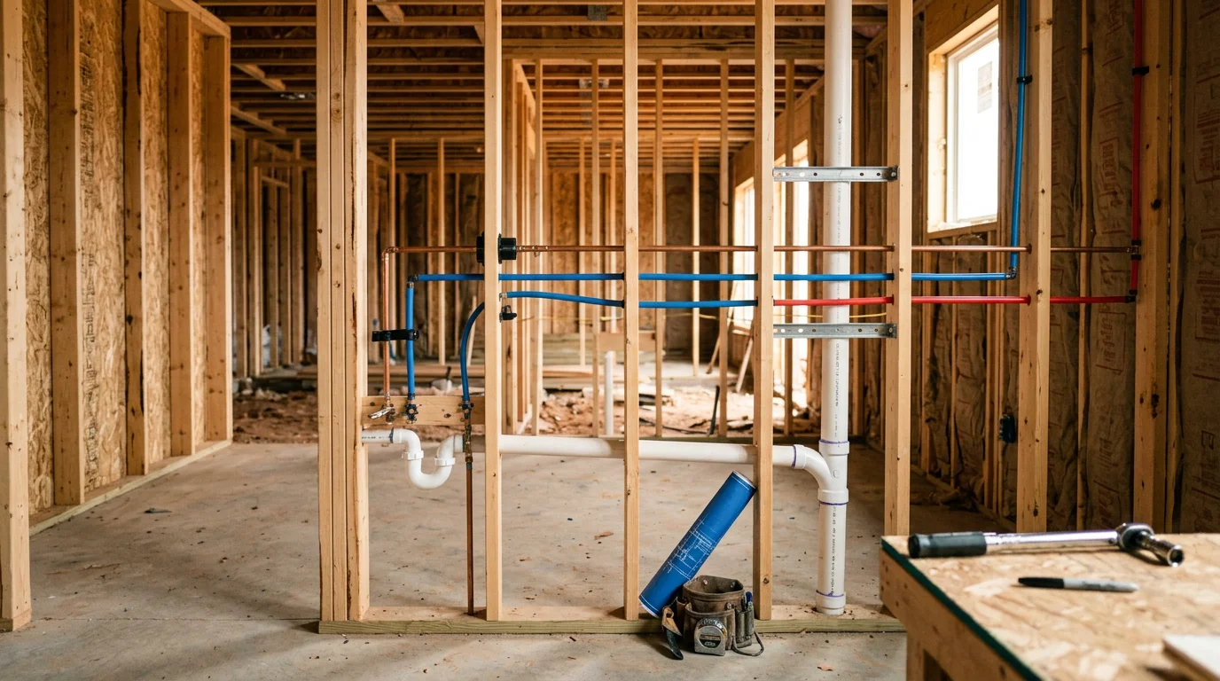 New construction plumbing rough-in with supply lines and drain pipes running through open wall studs inside a framed home in Edmond, Oklahoma. Pipe stub-outs are visible at fixture locations before drywall installation.