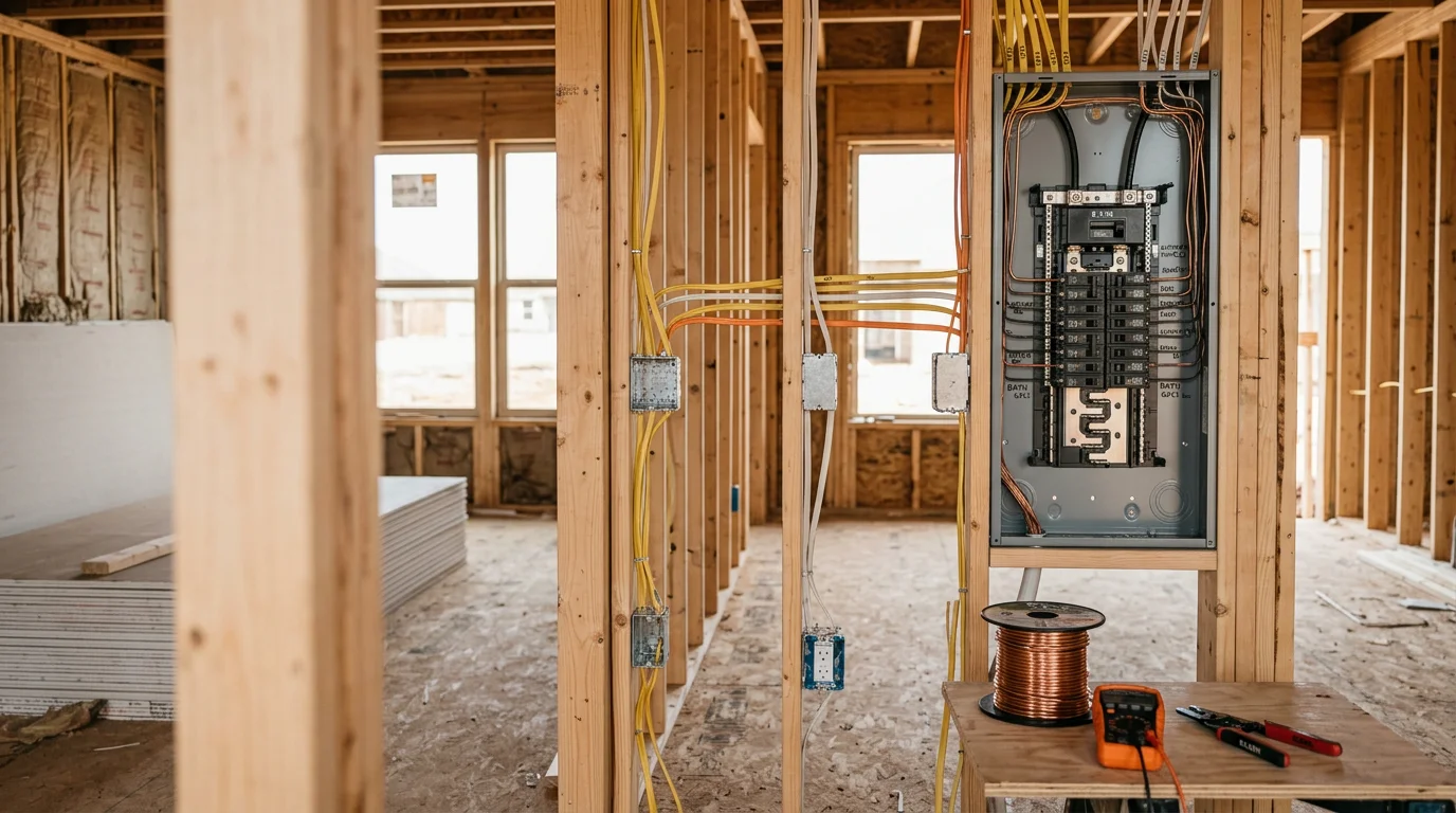 An electrician running copper wiring through wall studs inside a new construction home frame in Edmond, Oklahoma. Electrical boxes and rough-in wiring are visible throughout the unfinished interior walls.