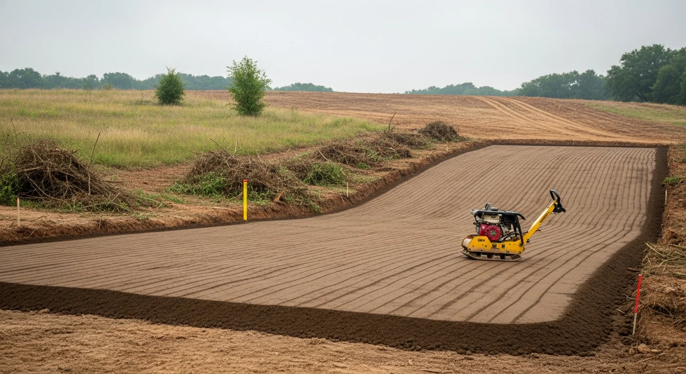 A freshly graded and compacted building pad on a residential lot in Edmond, Oklahoma, with smooth, level soil ready for concrete placement. The surrounding area shows cleared vegetation and a slight drainage slope away from the pad footprint.