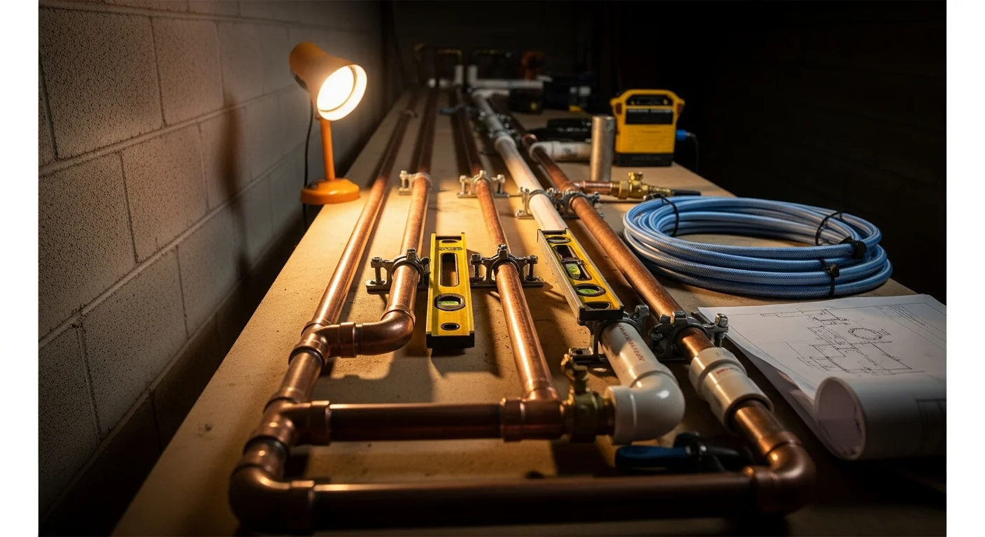 A licensed plumber running copper supply lines through wall framing inside a new construction home in Edmond, Oklahoma. Neatly routed pipes connect to drain and vent lines in an open wall cavity before drywall installation.