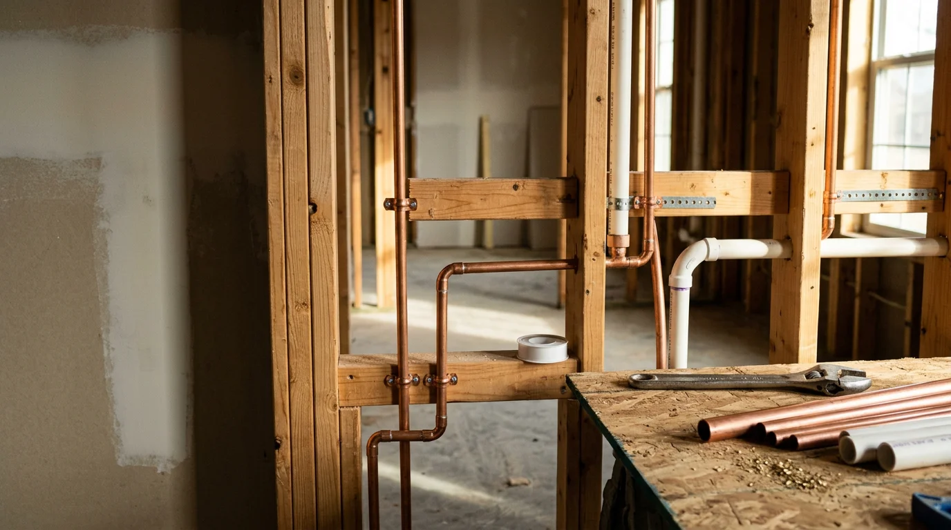 A plumber running new supply and drain pipes through wall framing inside an Edmond, Oklahoma home during a bathroom addition. Pipe runs are secured and routed toward the main stack.