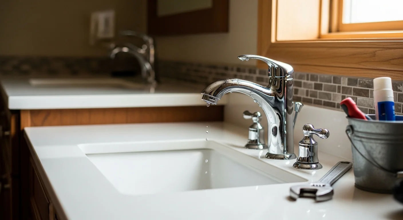 A licensed plumber from 2nd To None Electric and Plumbing installing a bathroom sink faucet in an Edmond, Oklahoma home. The finished fixture is seated flush against a clean vanity top with supply lines connected below.