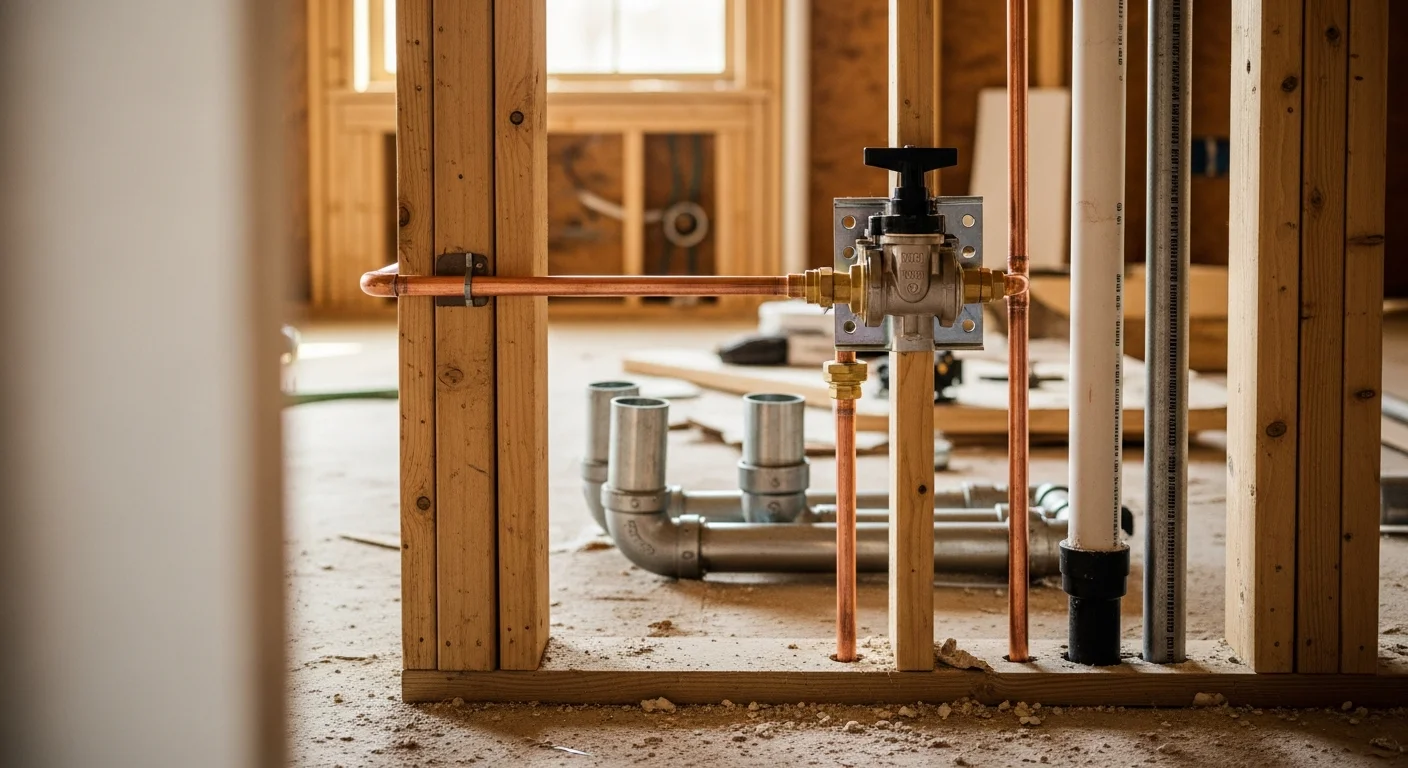 Licensed plumber from 2nd To None Electric and Plumbing installing new supply lines and drain rough-in during a bathroom remodel in an Edmond, Oklahoma home. Exposed wall cavity shows updated pipe work before drywall installation.