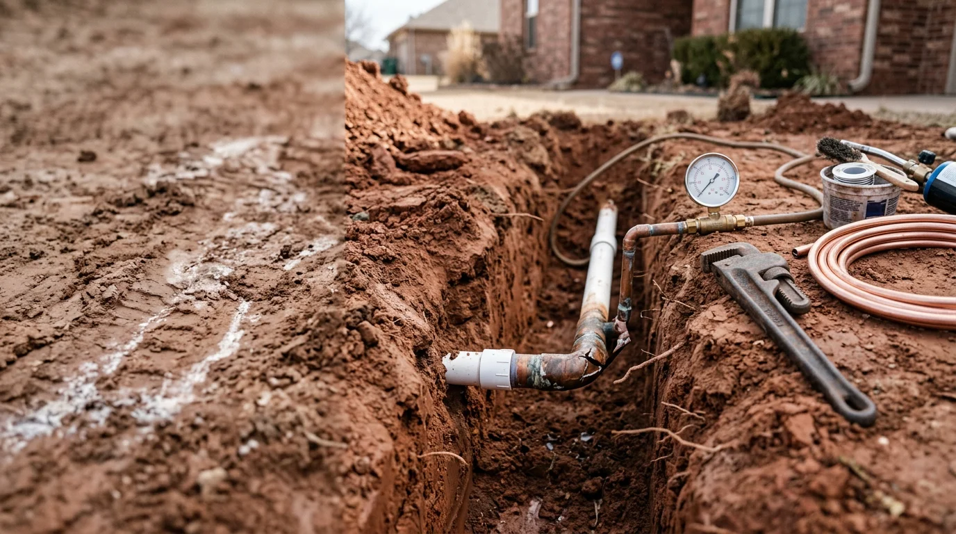 A plumber repairing a leaking pipe under a kitchen sink in an Edmond, Oklahoma home. Tools and replacement fittings are visible on the cabinet floor beside the repaired joint.