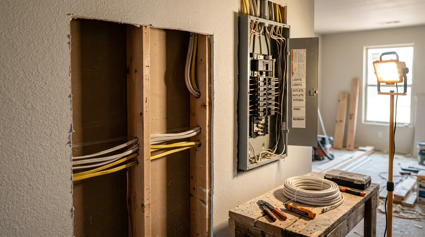 An electrician running new wiring through open wall framing inside a home being remodeled in Edmond, Oklahoma. Exposed studs and fresh electrical boxes show the remodel wiring rough-in stage before drywall installation.