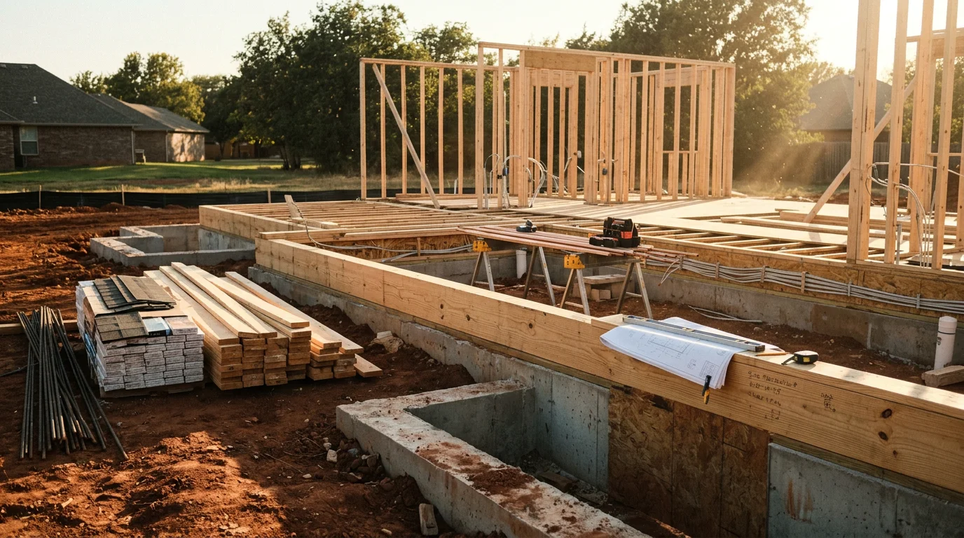 A newly framed residential home under construction on a lot in Edmond, Oklahoma, with open wall framing and a clear blue sky overhead. A general contractor inspects the structural framing before systems rough-in begins.