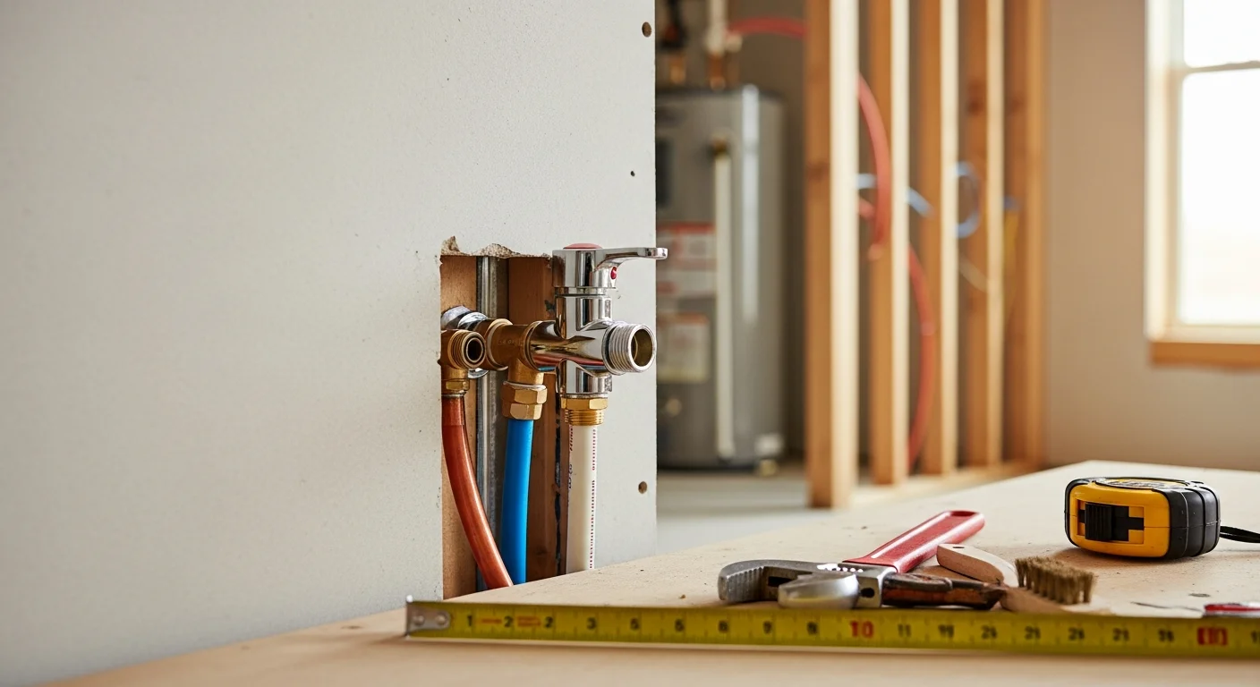 A licensed plumber from 2nd To None Electric and Plumbing connects supply lines and fixtures during a residential plumbing installation inside an Edmond, Oklahoma home. Copper and PEX water lines run neatly through open wall framing ahead of drywall installation.