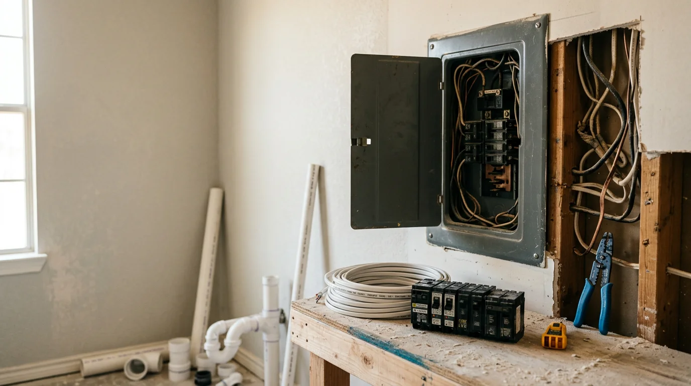 Interior of an Edmond, Oklahoma home mid-remodel showing an open kitchen and living area with exposed framing and updated electrical rough-in work in progress. A general contractor reviews the layout with a homeowner inside the partially renovated space.