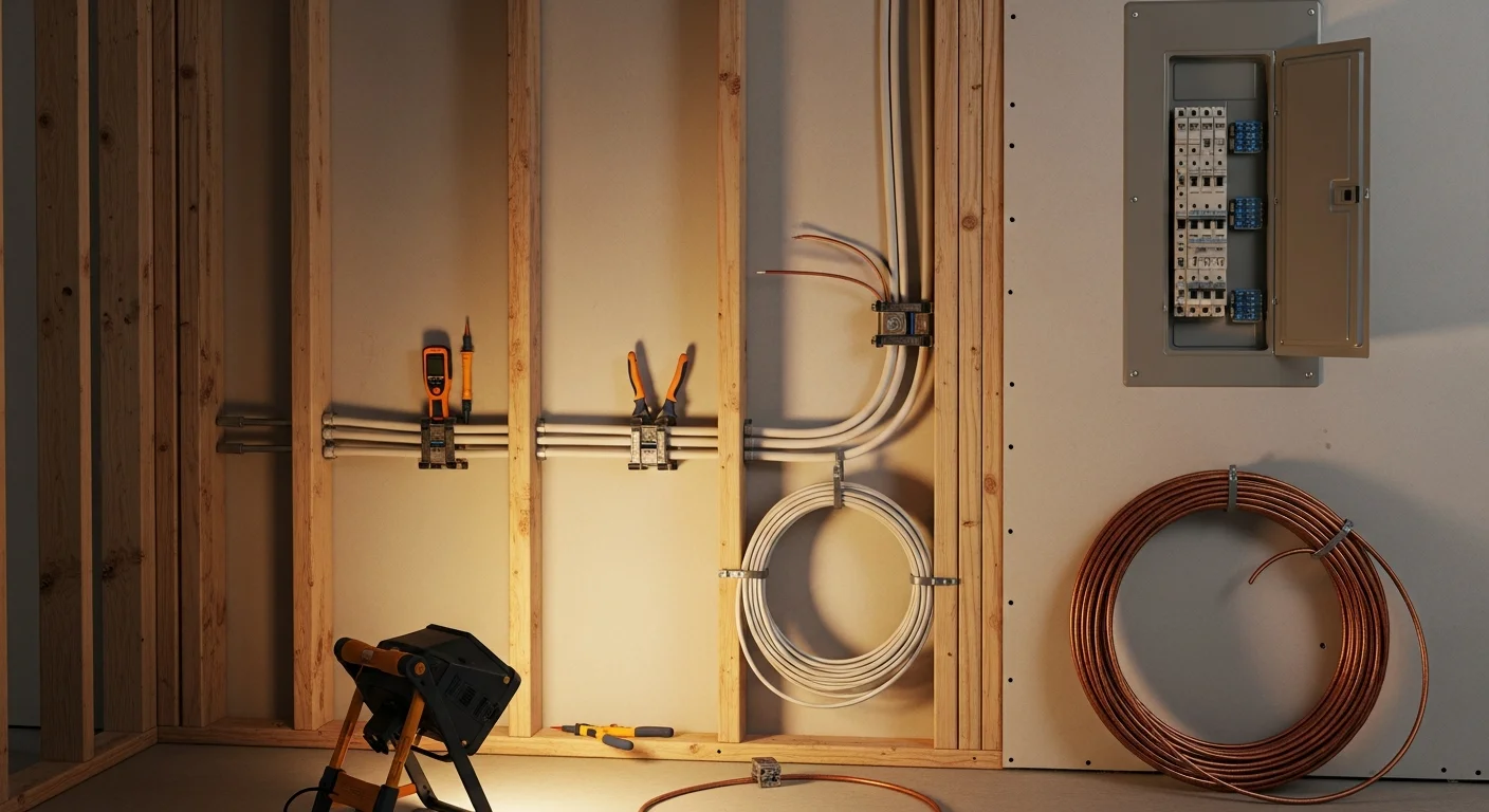 A licensed electrician from 2nd To None Electric and Plumbing running new residential wiring through wall framing inside an Edmond, Oklahoma home addition. Neatly routed cables are secured to studs with visible outlet and switch boxes in place.