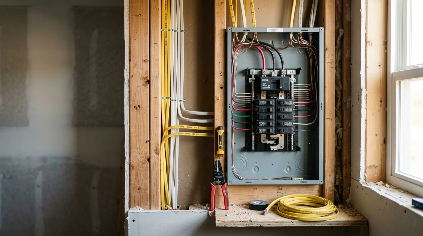 A licensed electrician running new residential wiring through an open wall cavity inside an Edmond, Oklahoma home during a room addition project. Neatly routed cables connect to a junction box in preparation for outlet and switch installation.