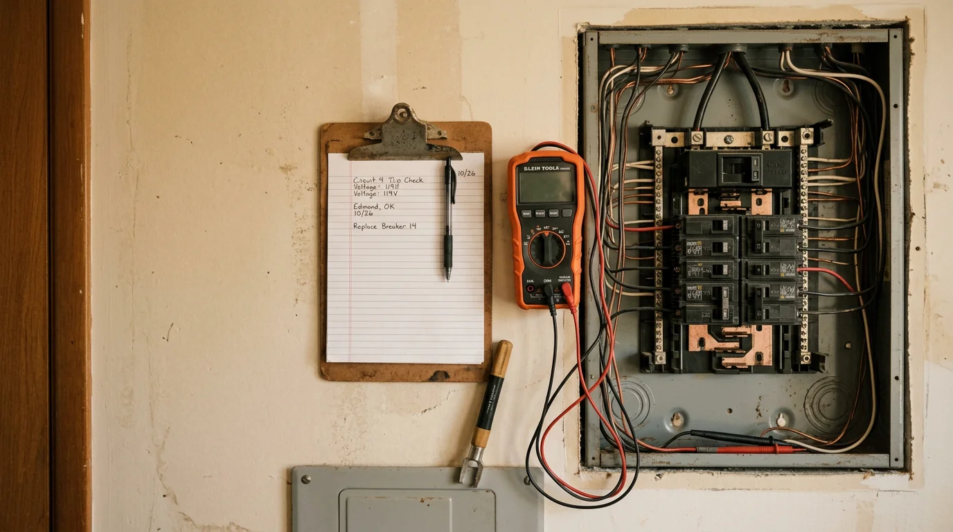 An electrician inspecting a residential electrical panel during a service call in Edmond, Oklahoma. The technician uses a diagnostic tool to trace the source of a tripping breaker in a home's breaker box.