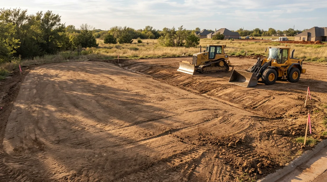 A graded and compacted dirt lot in Edmond, Oklahoma ready for construction, with smooth soil surface and proper slope visible across the cleared site. Heavy equipment tracks are visible in the foreground against a central Oklahoma sky.