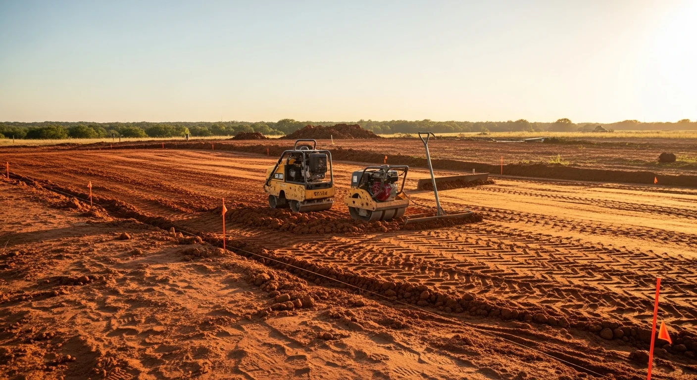 A freshly graded residential building lot in Edmond, Oklahoma, showing smooth compacted soil sloped away from the foundation area. Heavy equipment tracks are visible across the cleared site, with a new home framing project visible in the background.