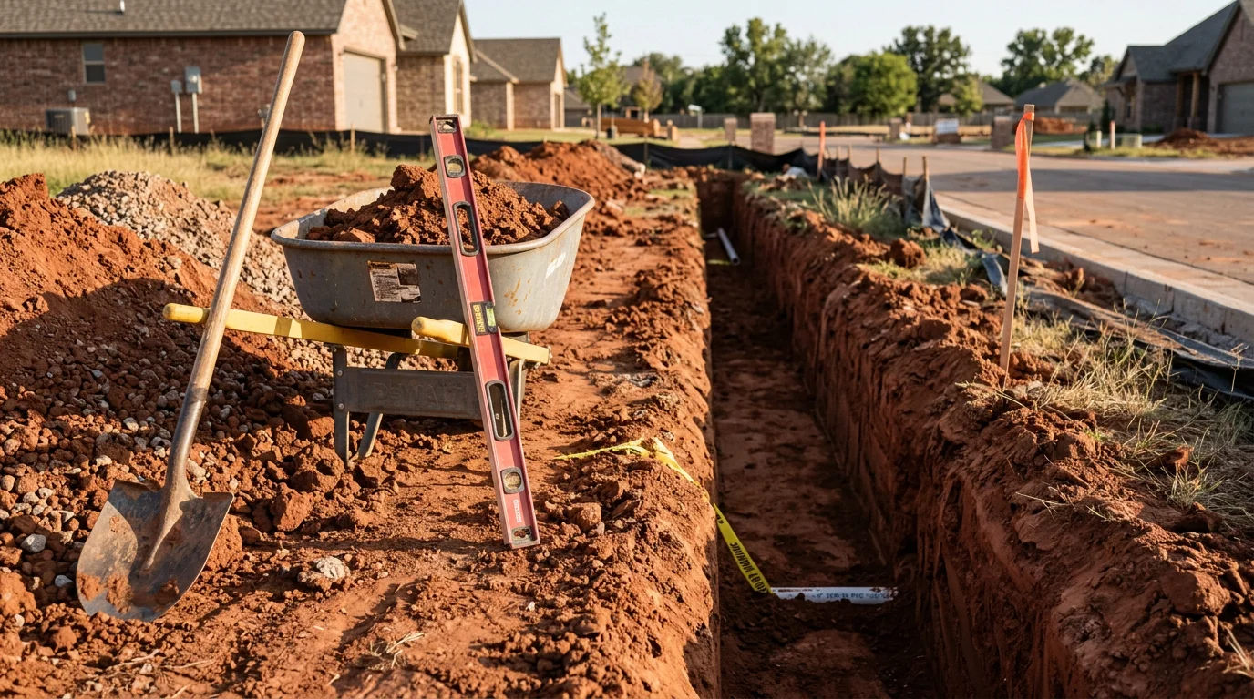 An open utility trench cut through red clay soil on a residential property in Edmond, Oklahoma, showing a clean trench line prepared for underground electrical conduit installation. The surrounding yard remains largely undisturbed, with excavated clay soil staged neatly alongside the trench.