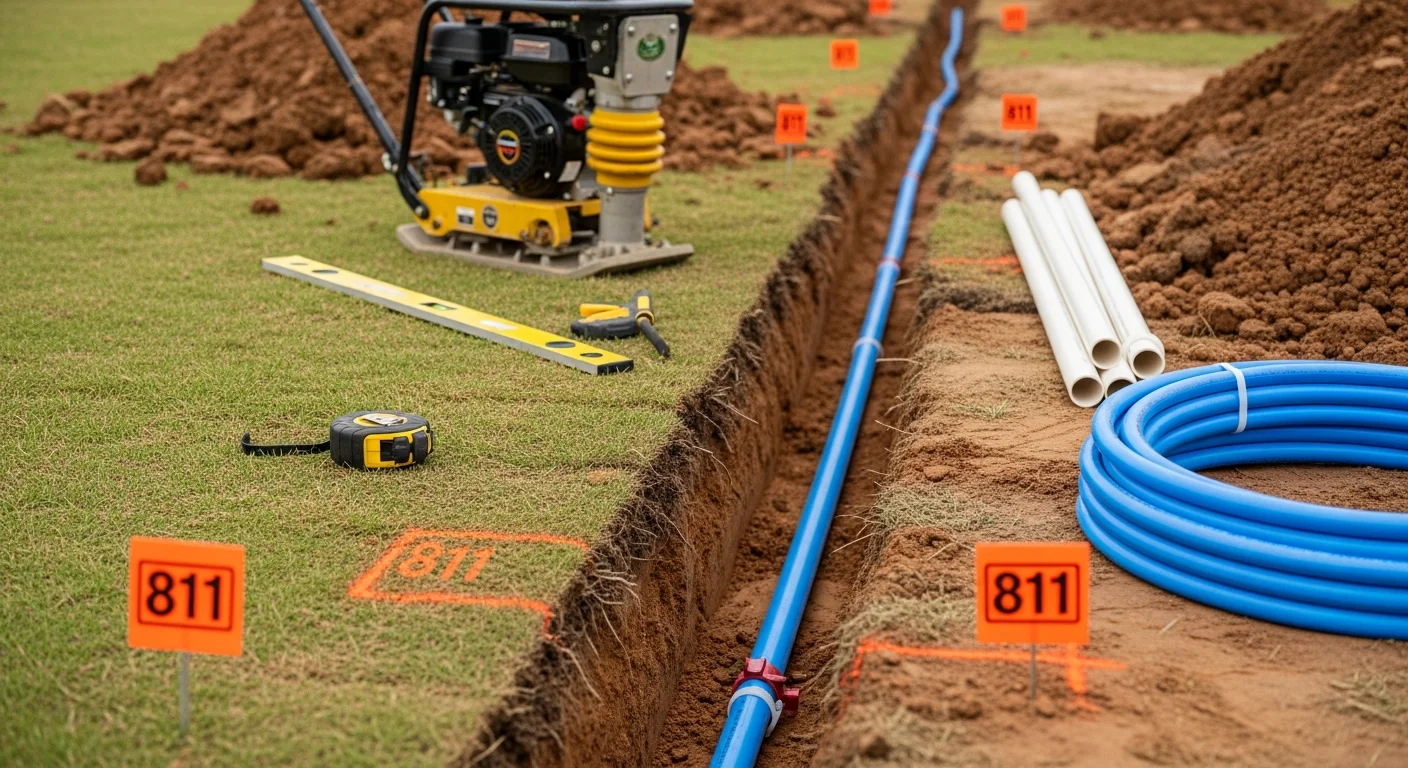 A freshly trenched yard in Edmond, Oklahoma showing underground electrical conduit and plumbing pipe laid in a clay-soil trench before backfill. A licensed contractor inspects the burial depth and line placement at a residential property.