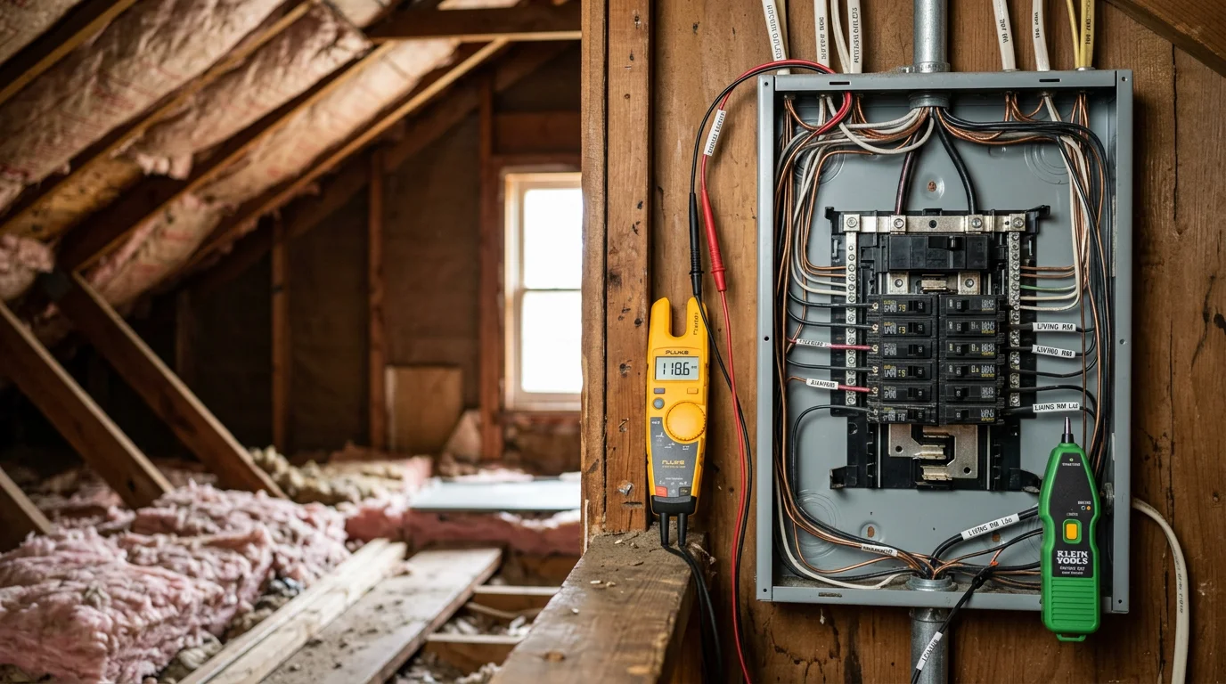 An electrician from 2nd To None Electric and Plumbing using diagnostic equipment to trace a wire path along a wall in an Edmond, Oklahoma home. The image shows the technician working at an open junction box with a circuit tracer tool in hand.