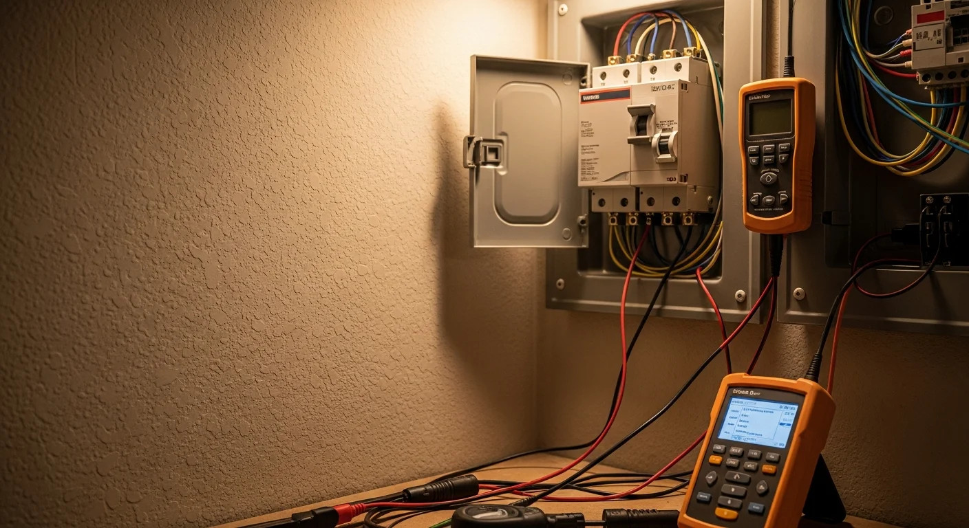 A licensed electrician from 2nd To None Electric and Plumbing uses a professional wire tracing tool against an interior wall in an Edmond, Oklahoma home. The technician holds a receiver probe to the drywall surface to follow a hidden circuit path without cutting into the wall.